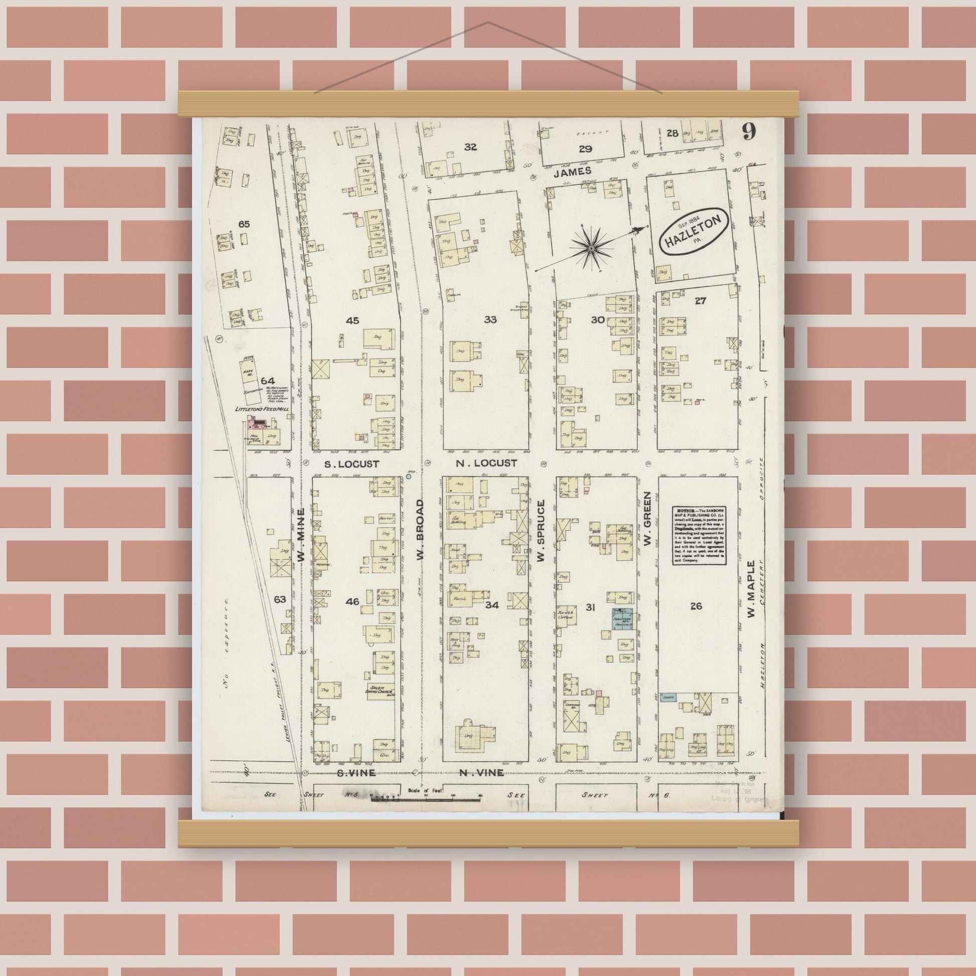 Old map wall art mockup — magnetic wood frame on brick wall — Sanborn Fire Insurance Map from Hazleton, Luzerne County, Pennsylvania (1884), Sheet #0009
