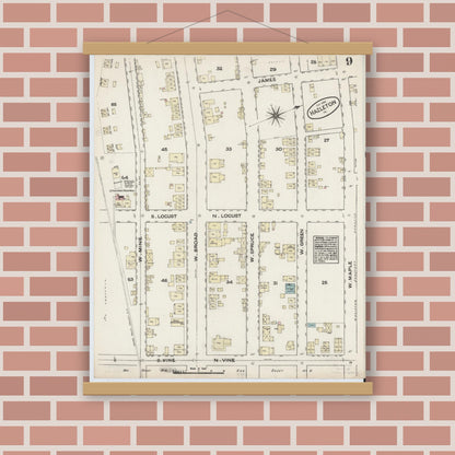 Old map wall art mockup — magnetic wood frame on brick wall — Sanborn Fire Insurance Map from Hazleton, Luzerne County, Pennsylvania (1884), Sheet #0009