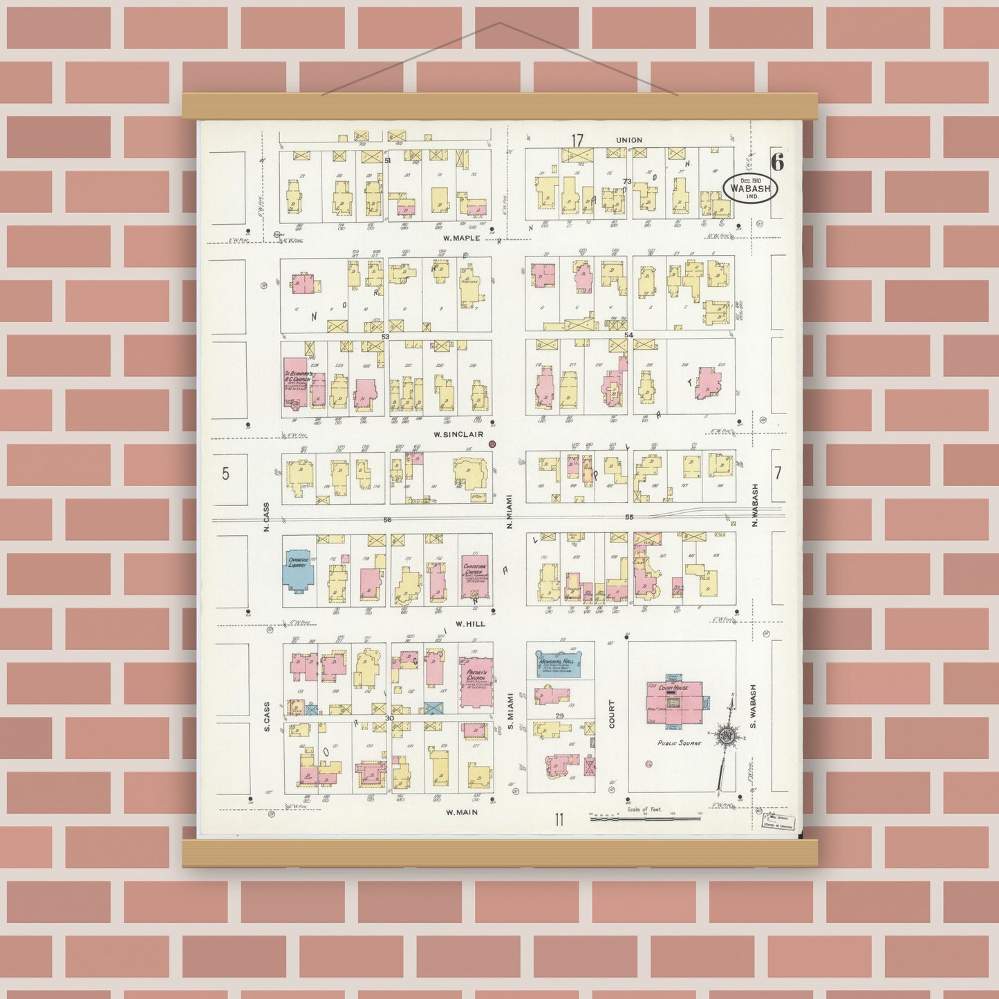 Old map wall art mockup — magnetic wood frame on brick wall — Sanborn Fire Insurance Map from Wabash, Wabash County, Indiana (1910), Sheet #0006
