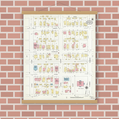 Old map wall art mockup — magnetic wood frame on brick wall — Sanborn Fire Insurance Map from Wabash, Wabash County, Indiana (1910), Sheet #0006