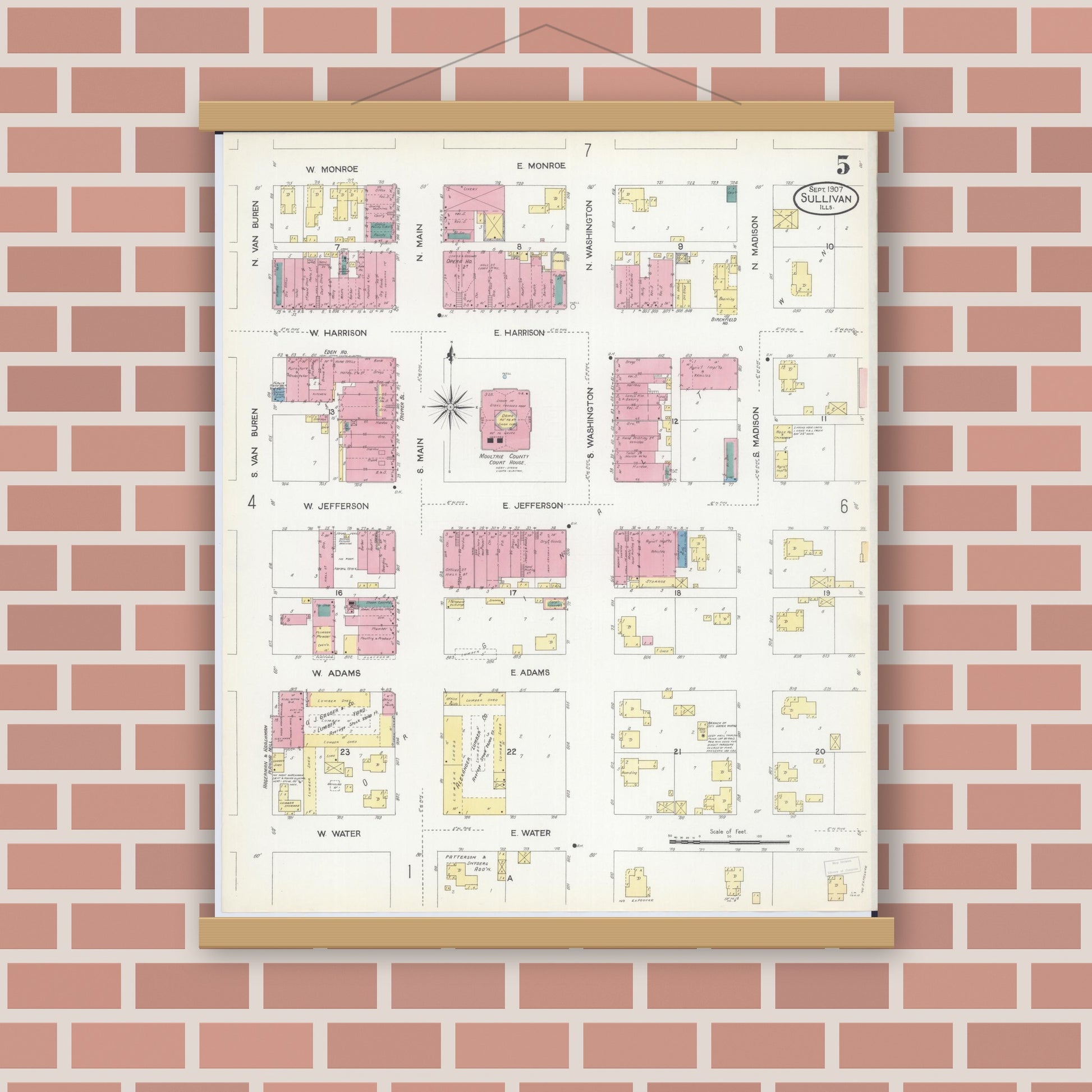 Old map wall art mockup — magnetic wood frame on brick wall — Sanborn Fire Insurance Map from Sullivan, Moultrie County, Illinois (1907), Sheet #0005