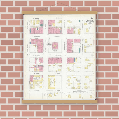 Old map wall art mockup — magnetic wood frame on brick wall — Sanborn Fire Insurance Map from Sullivan, Moultrie County, Illinois (1907), Sheet #0005