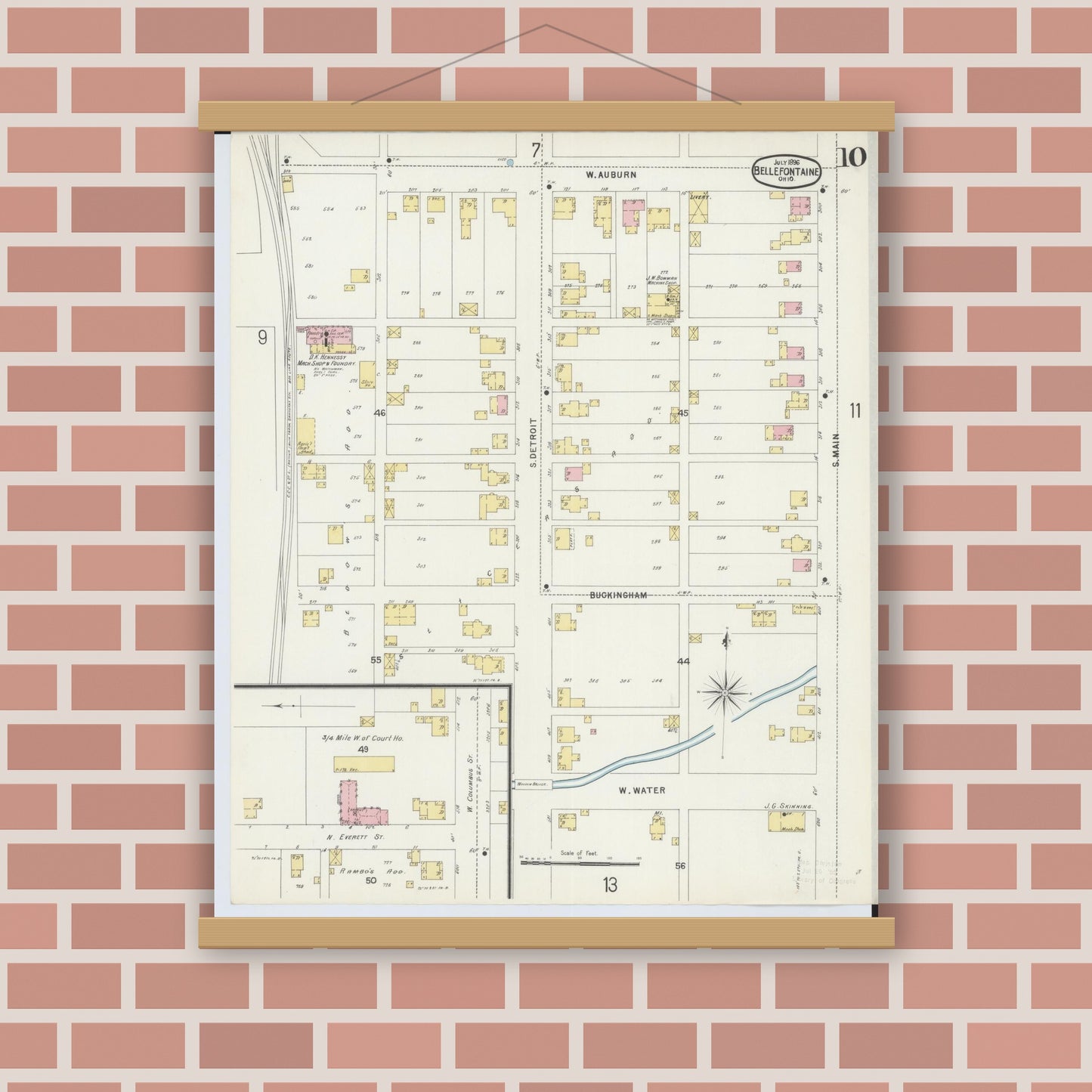 Old map wall art mockup — magnetic wood frame on brick wall — Sanborn Fire Insurance Map from Bellefontaine, Logan County, Ohio (1896), Sheet #0010