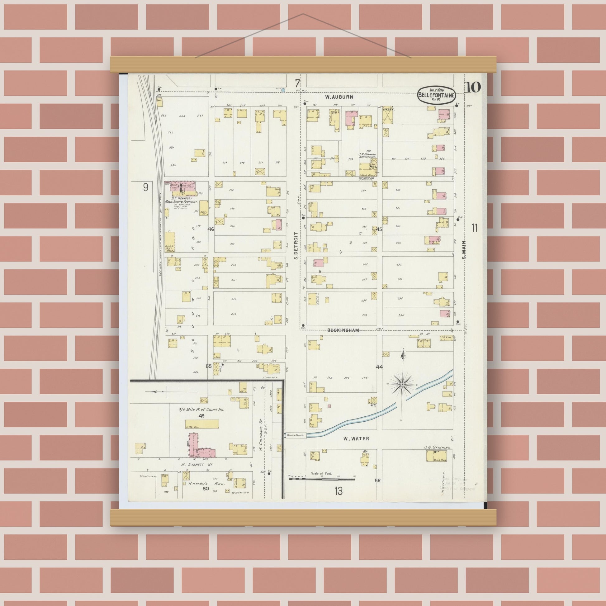 Old map wall art mockup — magnetic wood frame on brick wall — Sanborn Fire Insurance Map from Bellefontaine, Logan County, Ohio (1896), Sheet #0010