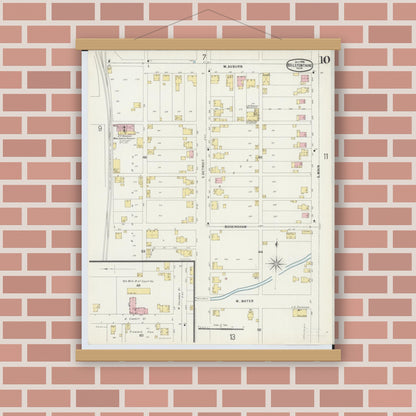 Old map wall art mockup — magnetic wood frame on brick wall — Sanborn Fire Insurance Map from Bellefontaine, Logan County, Ohio (1896), Sheet #0010