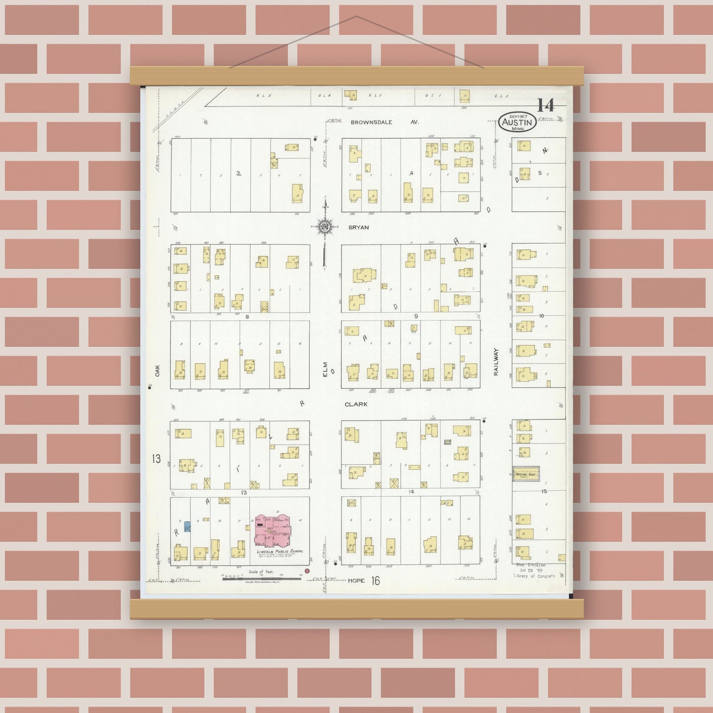 Old map wall art mockup — magnetic wood frame on brick wall — Sanborn Fire Insurance Map from Austin, Mower County, Minnesota (1917), Sheet #0014