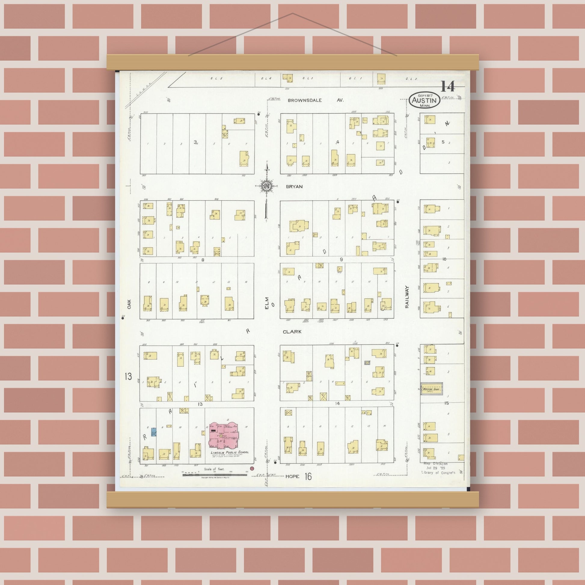 Old map wall art mockup — magnetic wood frame on brick wall — Sanborn Fire Insurance Map from Austin, Mower County, Minnesota (1917), Sheet #0014