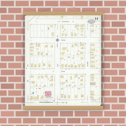 Old map wall art mockup — magnetic wood frame on brick wall — Sanborn Fire Insurance Map from Austin, Mower County, Minnesota (1917), Sheet #0014