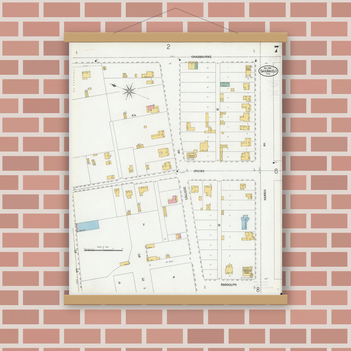 Old map wall art mockup — magnetic wood frame on brick wall — Sanborn Fire Insurance Map from San Angelo, Tom Green County, Texas (1900), Sheet #0007