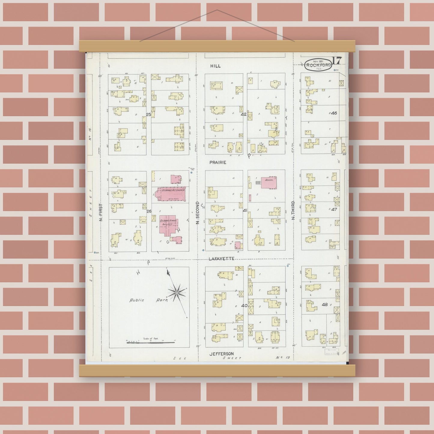 Old map wall art mockup — magnetic wood frame on brick wall — Sanborn Fire Insurance Map from Rockford, Winnebago County, Illinois (1891), Sheet #0017