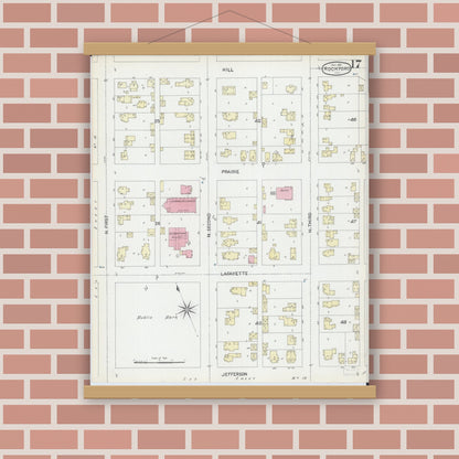 Old map wall art mockup — magnetic wood frame on brick wall — Sanborn Fire Insurance Map from Rockford, Winnebago County, Illinois (1891), Sheet #0017