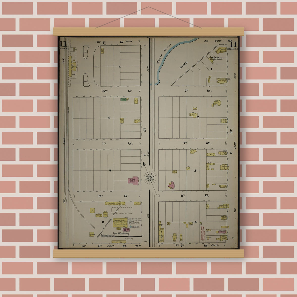 Old map wall art mockup — magnetic wood frame on brick wall — Sanborn Fire Insurance Map from New Jersey Coast, New Jersey Coast, New Jersey (1890), Sheet #0011