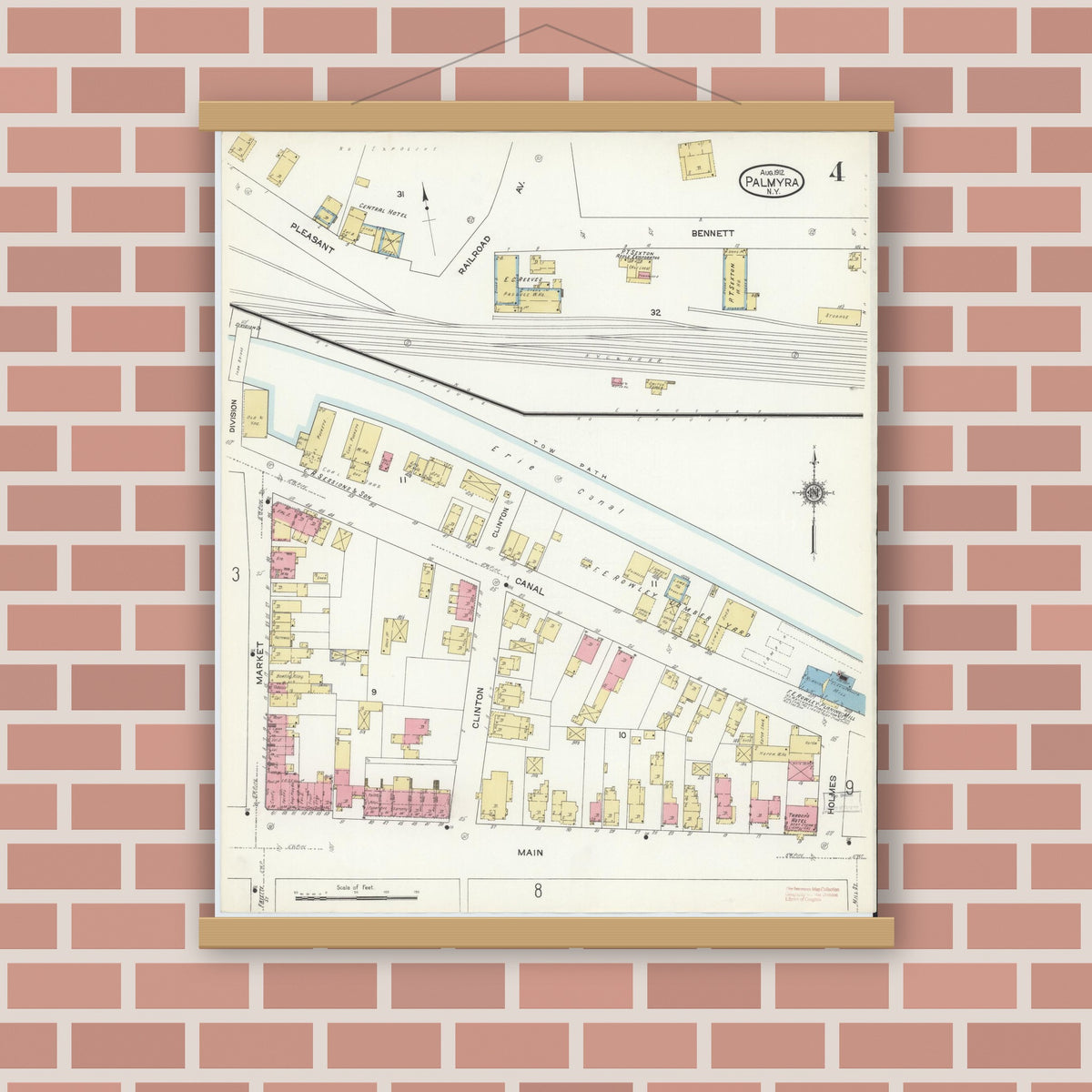 Old map wall art mockup — magnetic wood frame on brick wall — Sanborn Fire Insurance Map from Palmyra, Wayne County, New York (1912), Sheet #0004