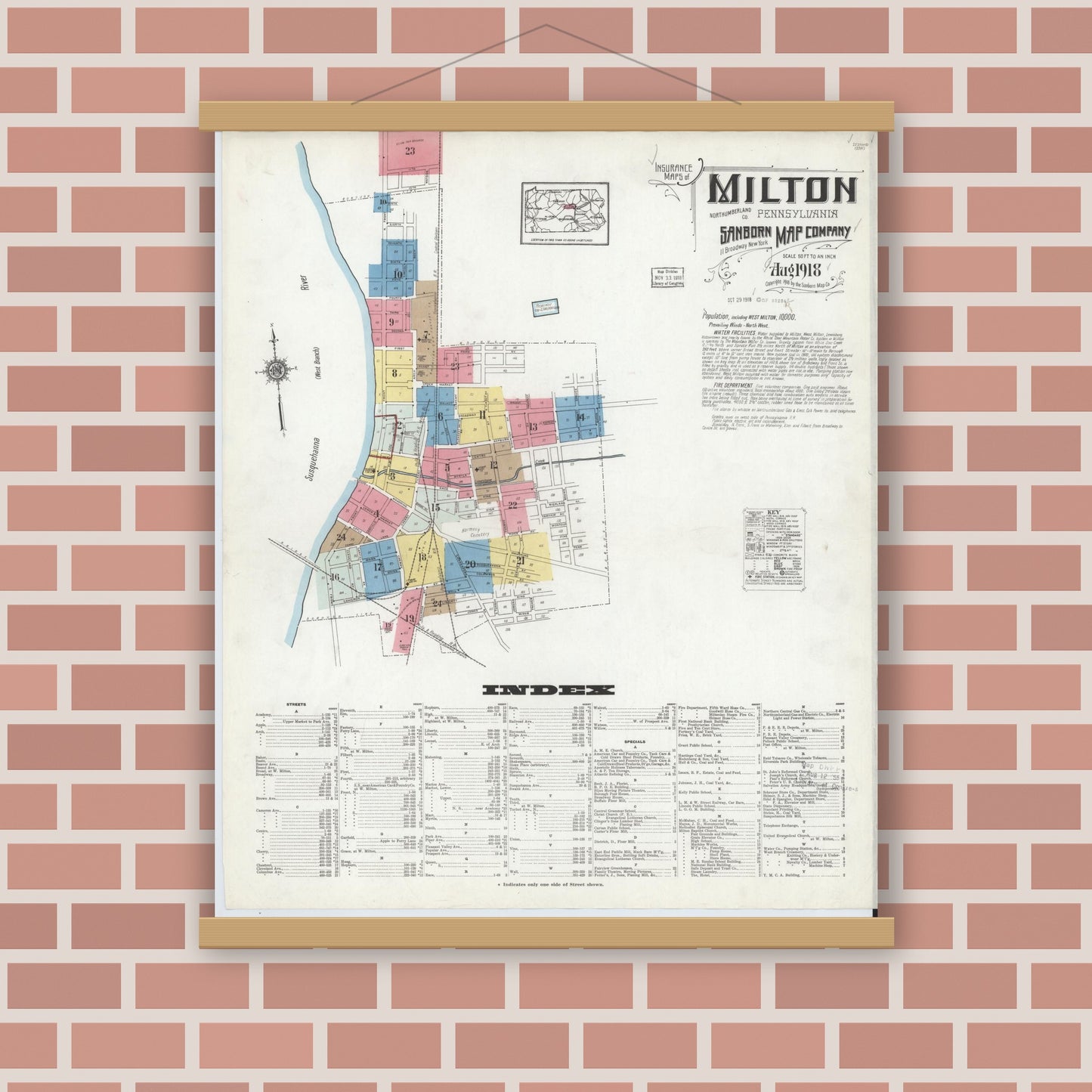 Old map wall art mockup — magnetic wood frame on brick wall — Sanborn Fire Insurance Map from Milton, Northumberland County, Pennsylvania (1918) - Complete Map Set