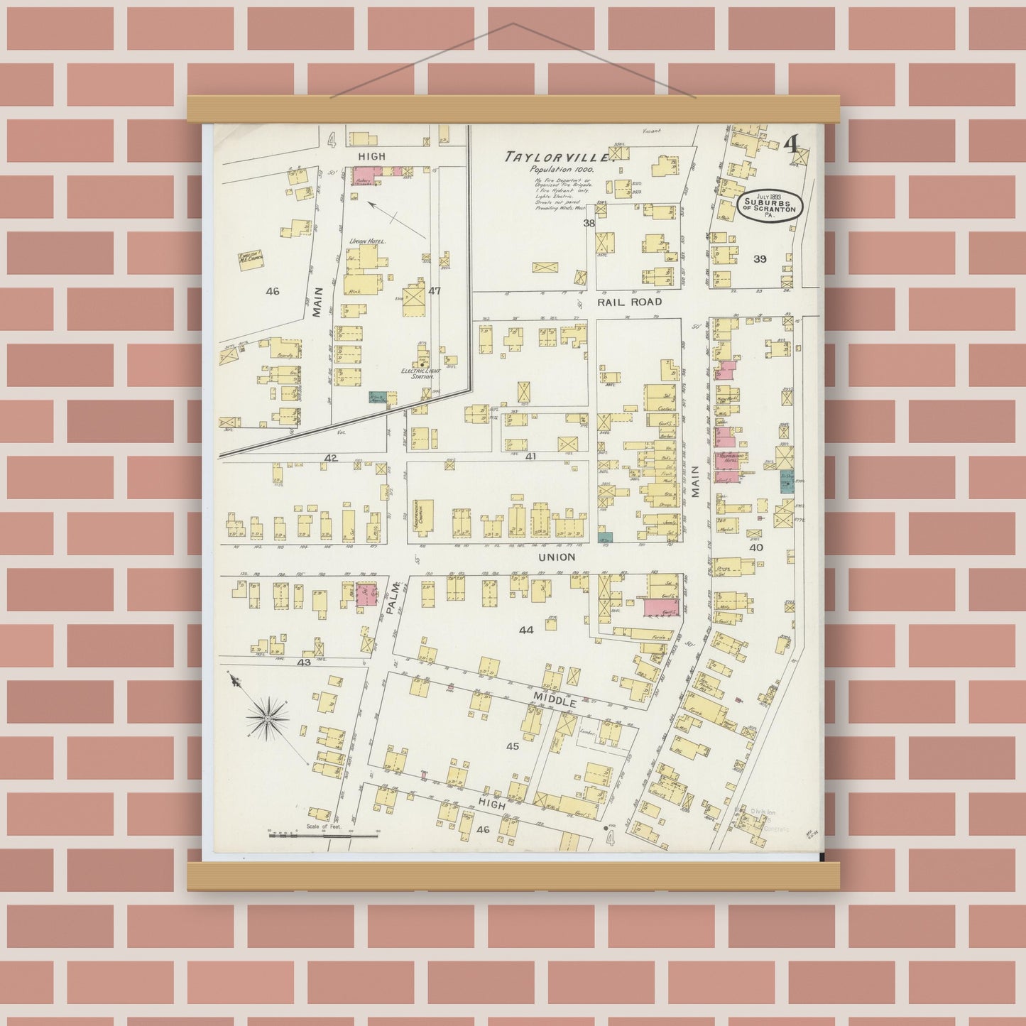 Old map wall art mockup — magnetic wood frame on brick wall — Sanborn Fire Insurance Map from Scranton Suburbs, Lackawanna County, Pennsylvania (1893), Sheet #0004