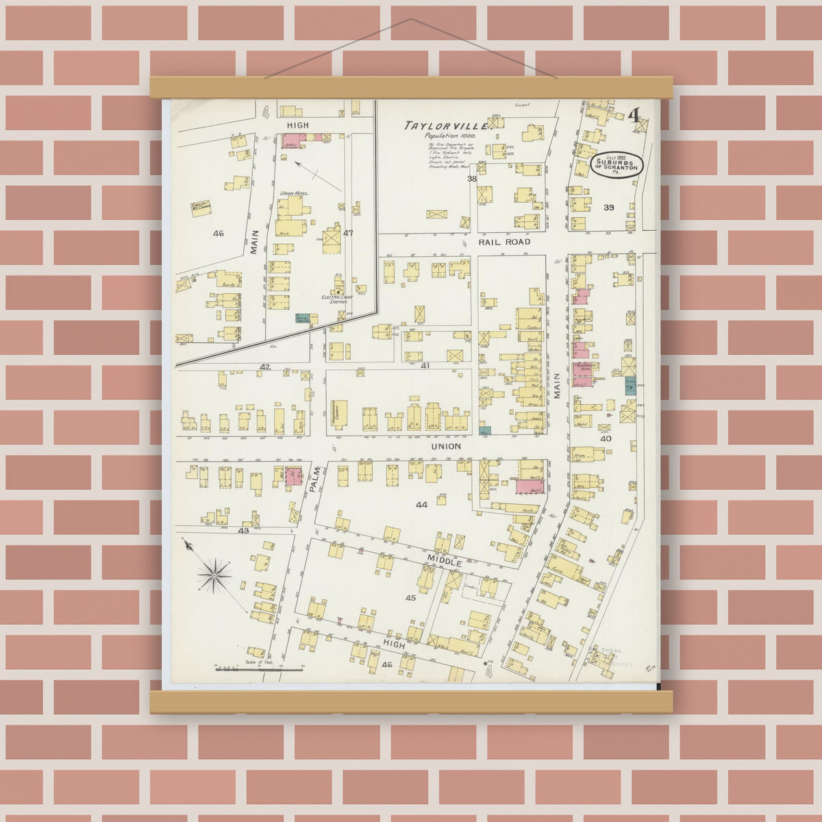 Old map wall art mockup — magnetic wood frame on brick wall — Sanborn Fire Insurance Map from Scranton Suburbs, Lackawanna County, Pennsylvania (1893), Sheet #0004