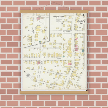 Old map wall art mockup — magnetic wood frame on brick wall — Sanborn Fire Insurance Map from Scranton Suburbs, Lackawanna County, Pennsylvania (1893), Sheet #0004