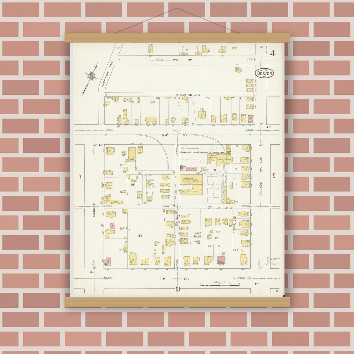 Old map wall art mockup — magnetic wood frame on brick wall — Sanborn Fire Insurance Map from Beaver, Beaver County, Pennsylvania (1912), Sheet #0004