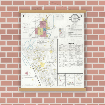 Old map wall art mockup — magnetic wood frame on brick wall — Sanborn Fire Insurance Map from Petersburg, Menard County, Illinois (1933), Sheet #0001