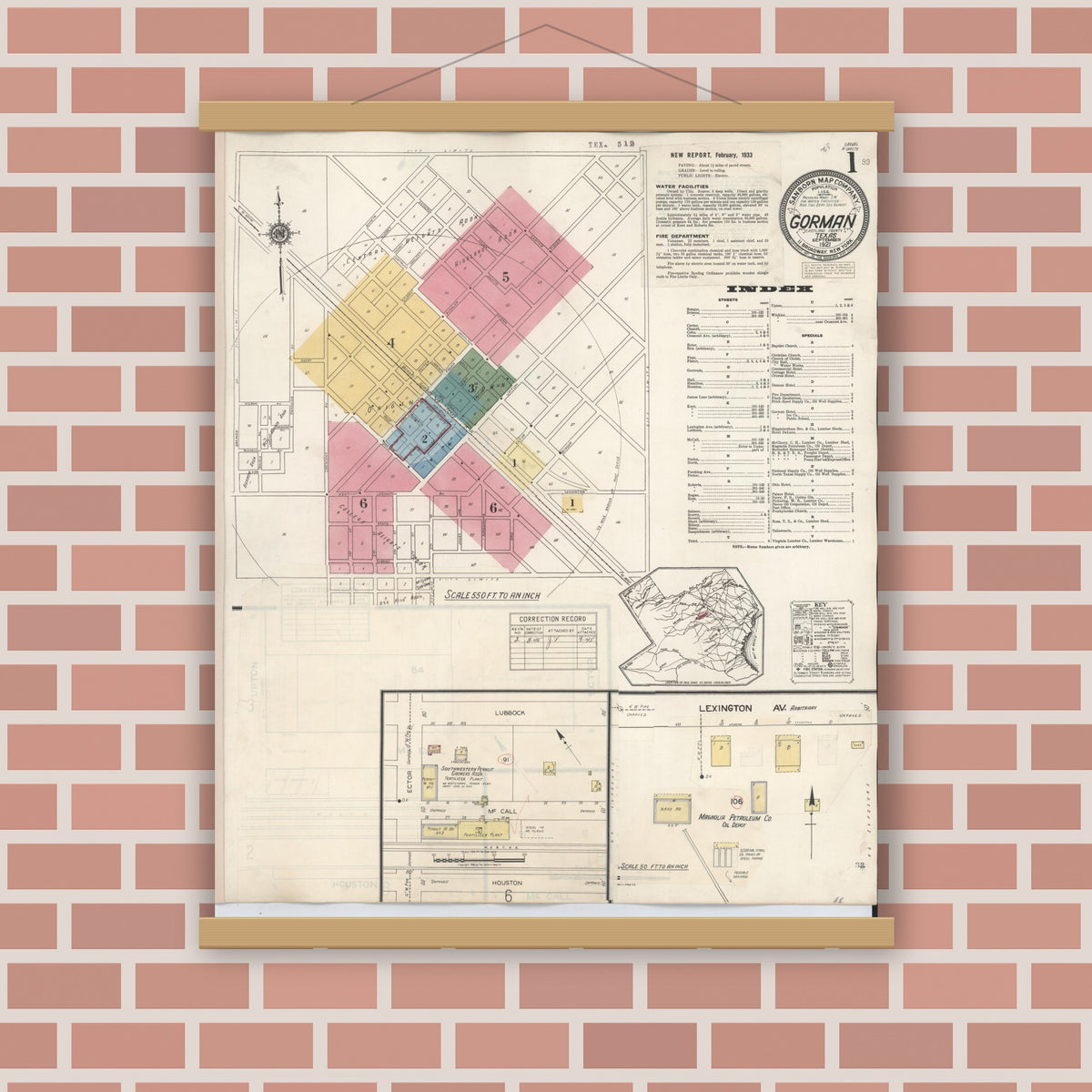 Old map wall art mockup — magnetic wood frame on brick wall — Sanborn Fire Insurance Map from Gorman, Eastland County, Texas (1945) - Complete Map Set
