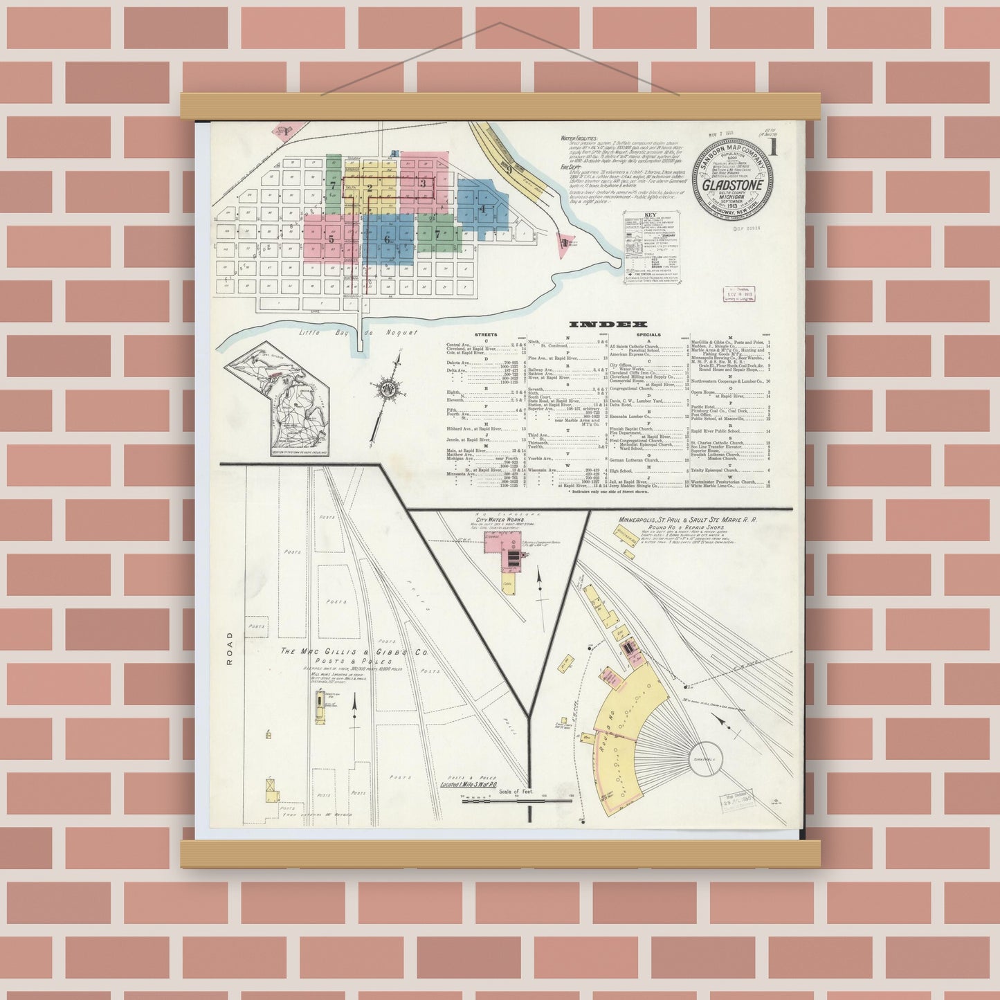 Old map wall art mockup — magnetic wood frame on brick wall — Sanborn Fire Insurance Map from Gladstone, Delta County, Michigan (1913), Sheet #0001