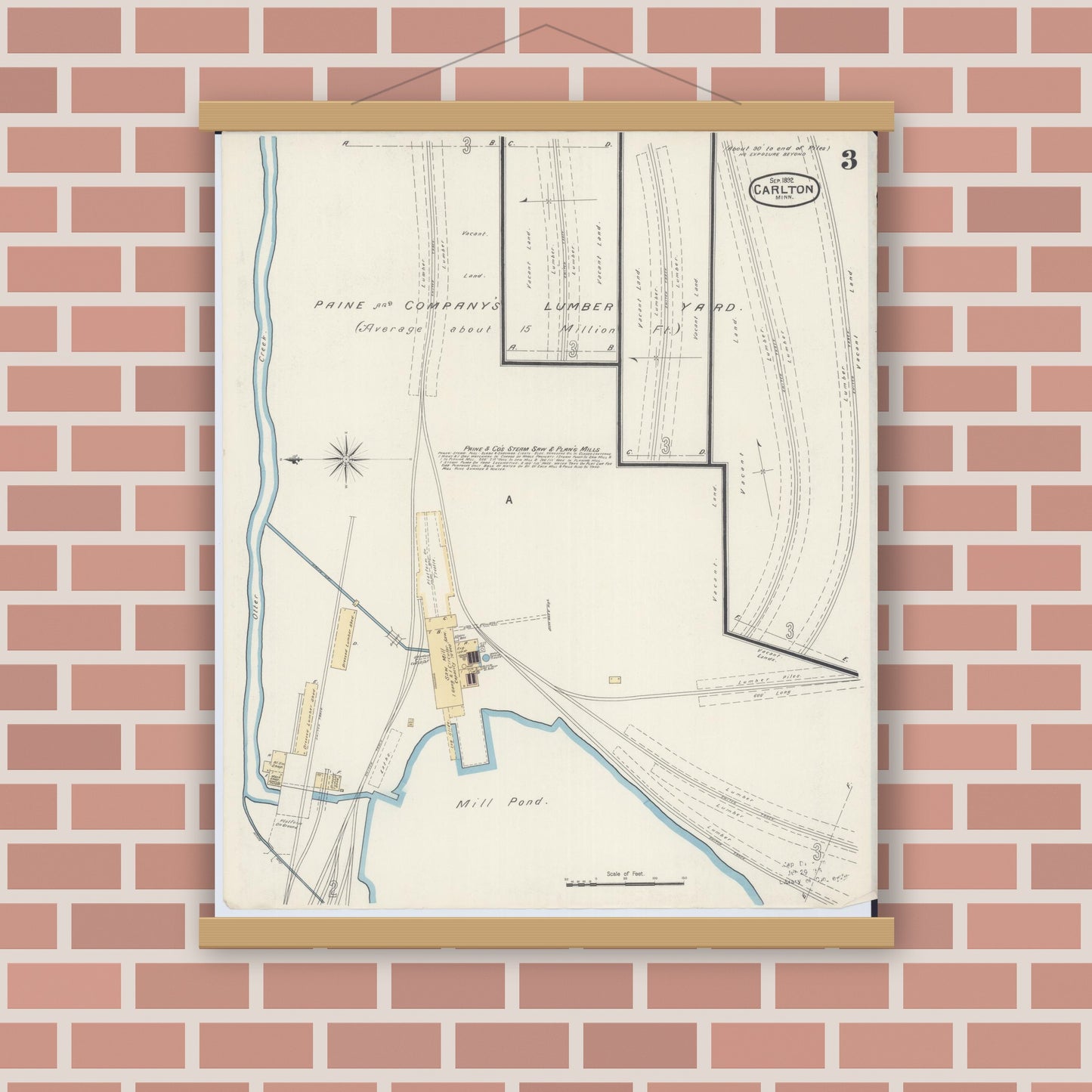 Old map wall art mockup — magnetic wood frame on brick wall — Sanborn Fire Insurance Map from Carlton, Carlton County, Minnesota (1892), Sheet #0003