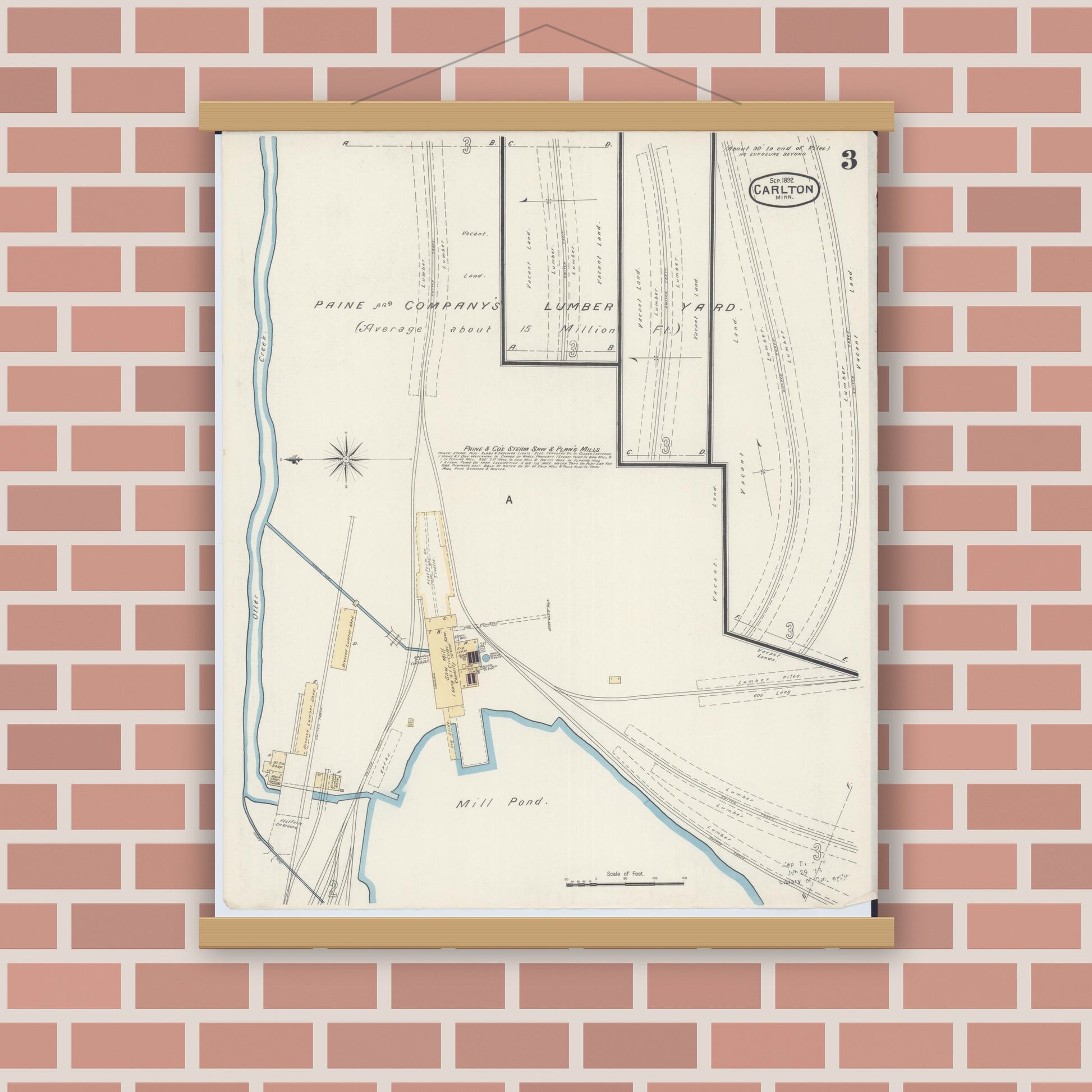 Old map wall art mockup — magnetic wood frame on brick wall — Sanborn Fire Insurance Map from Carlton, Carlton County, Minnesota (1892), Sheet #0003