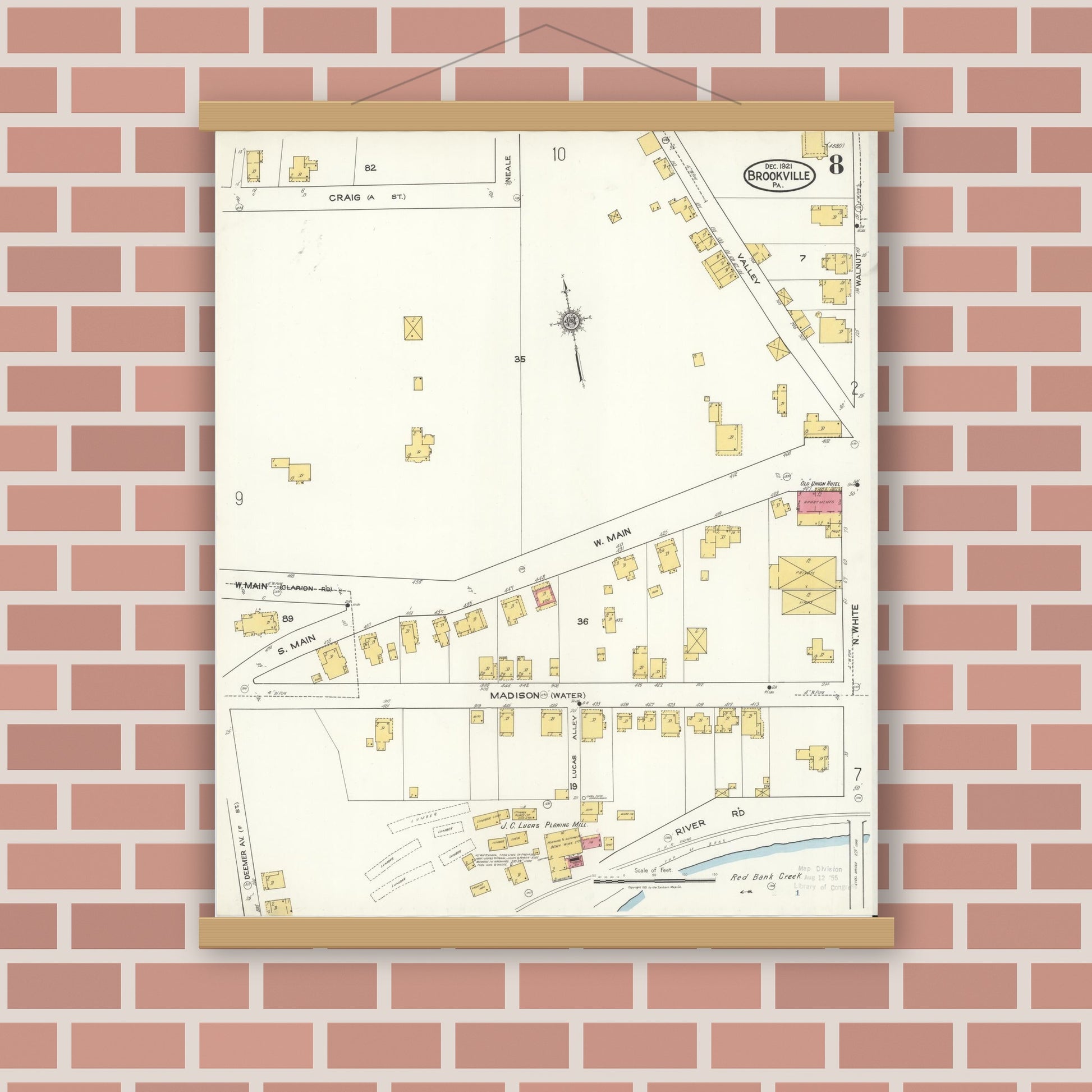 Old map wall art mockup — magnetic wood frame on brick wall — Sanborn Fire Insurance Map from Brookville, Jefferson County, Pennsylvania (1921), Sheet #0008
