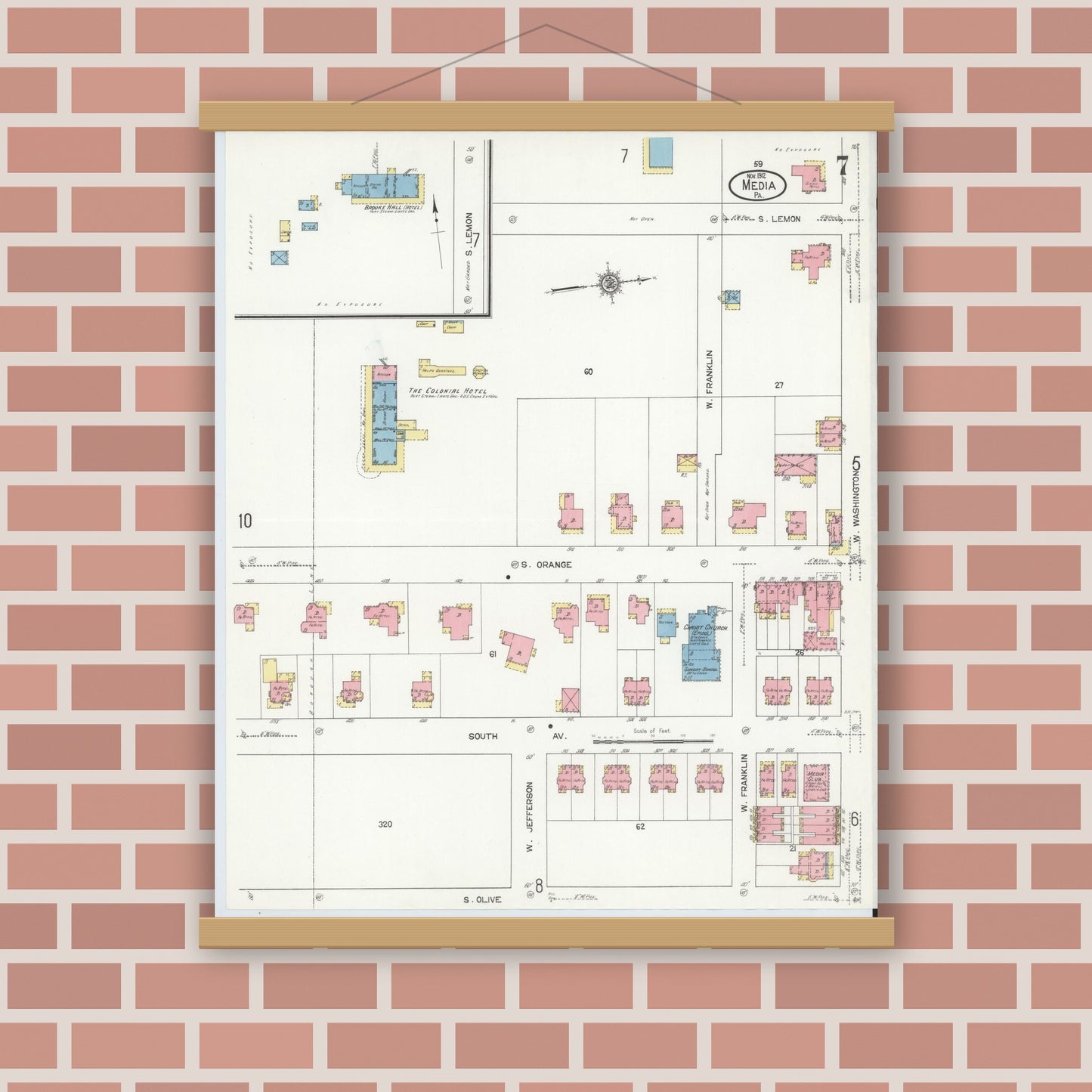 Old map wall art mockup — magnetic wood frame on brick wall — Sanborn Fire Insurance Map from Media, Delaware County, Pennsylvania (1912), Sheet #0007