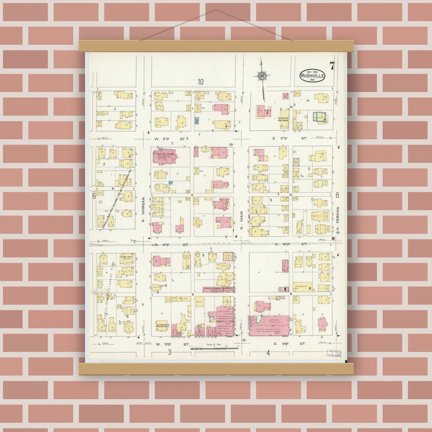 Old map wall art mockup — magnetic wood frame on brick wall — Sanborn Fire Insurance Map from Rushville, Rush County, Indiana (1913), Sheet #0007