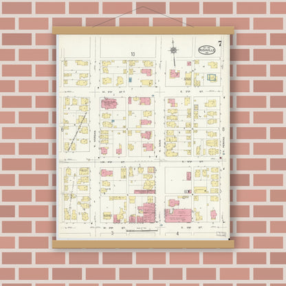 Old map wall art mockup — magnetic wood frame on brick wall — Sanborn Fire Insurance Map from Rushville, Rush County, Indiana (1913), Sheet #0007
