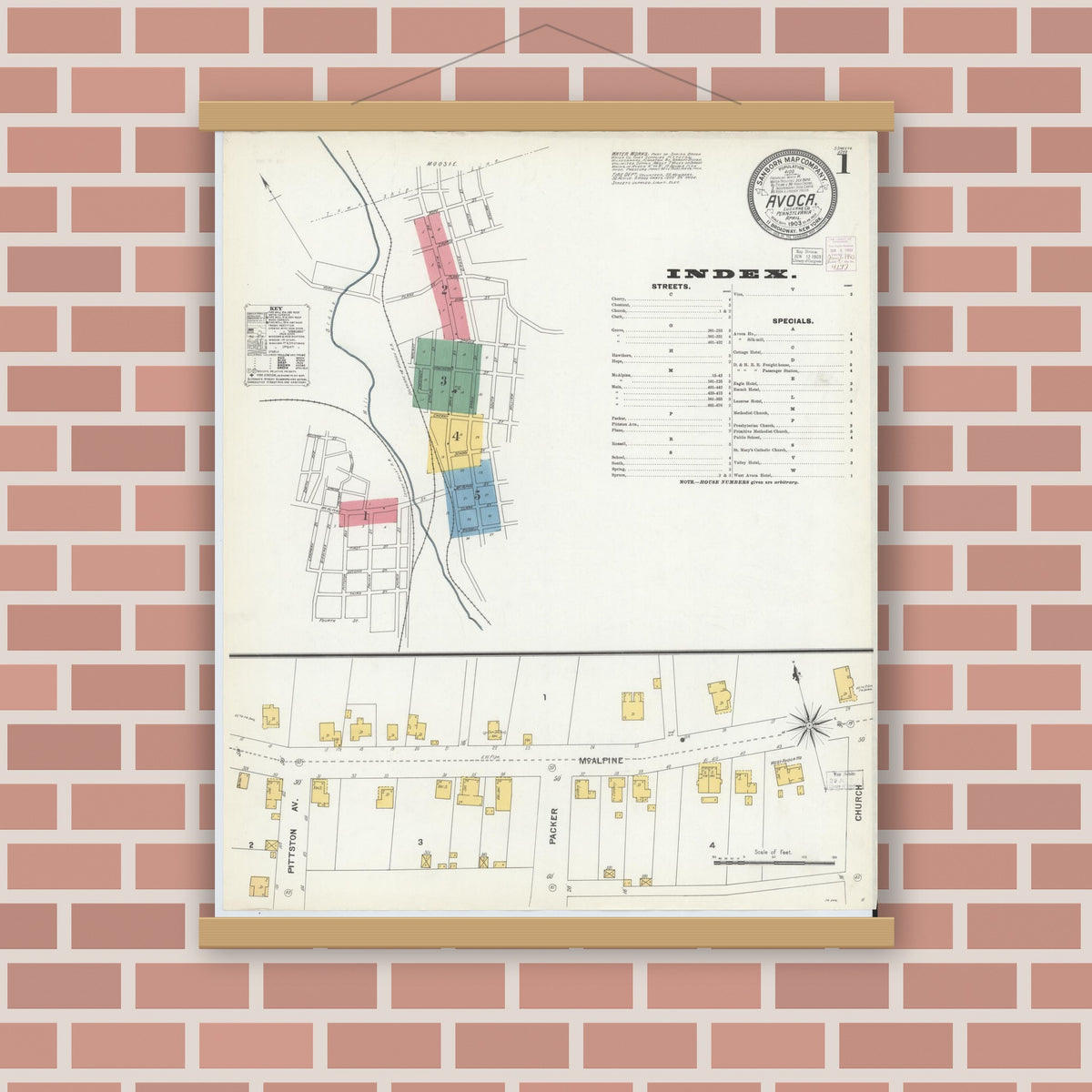 Old map wall art mockup — magnetic wood frame on brick wall — Sanborn Fire Insurance Map from Avoca, Luzerne County, Pennsylvania (1903) - Complete Map Set