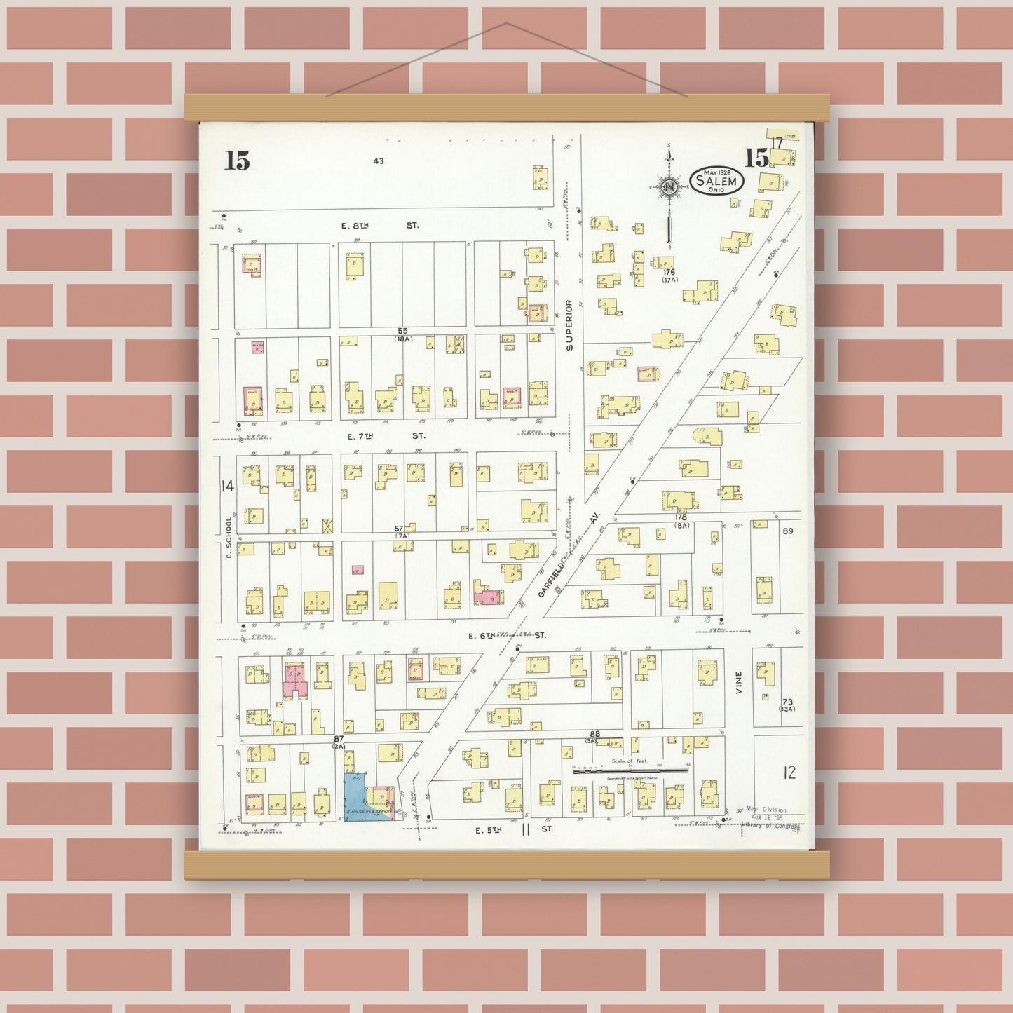 Old map wall art mockup — magnetic wood frame on brick wall — Sanborn Fire Insurance Map from Salem, Columbiana County, Ohio (1926), Sheet #0015