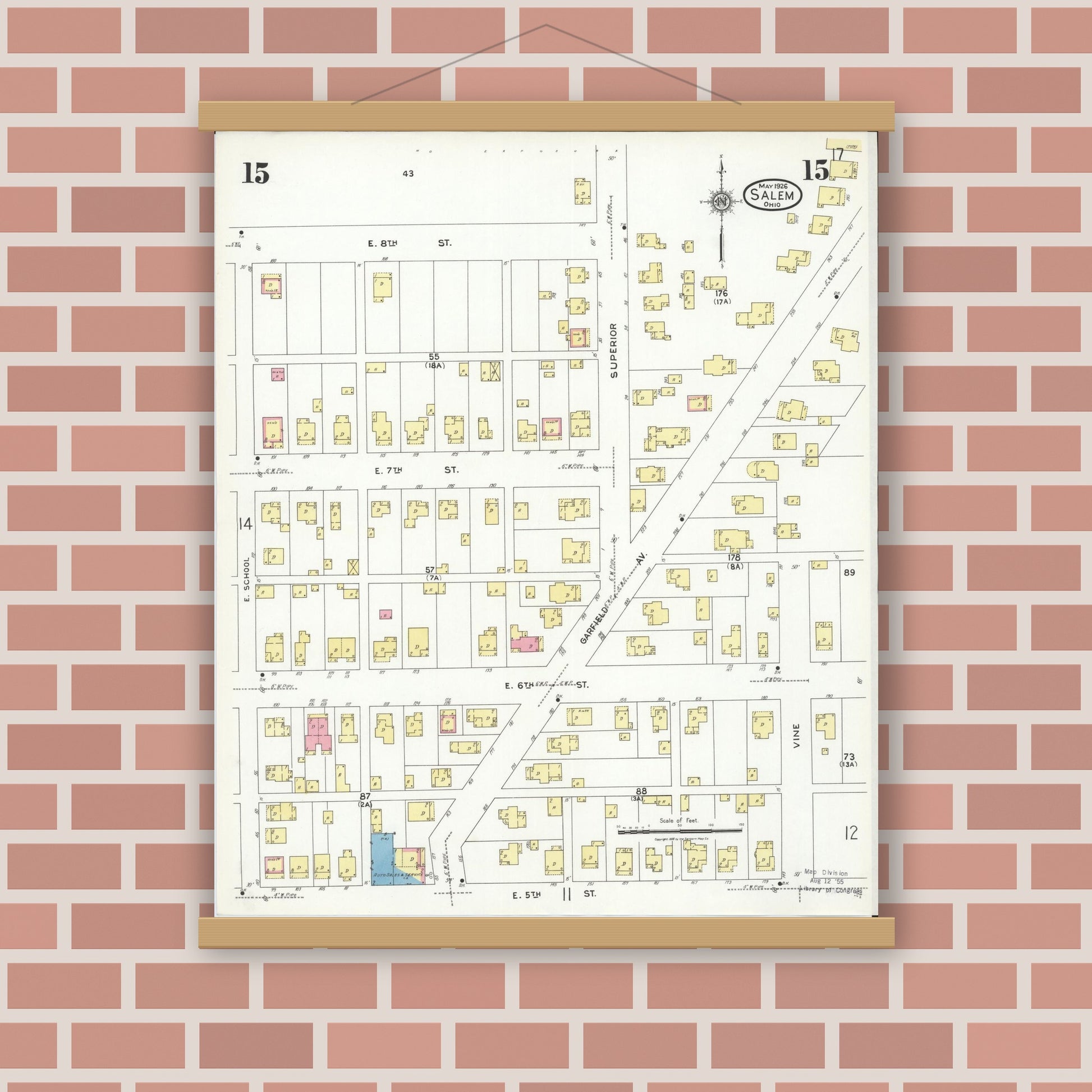 Old map wall art mockup — magnetic wood frame on brick wall — Sanborn Fire Insurance Map from Salem, Columbiana County, Ohio (1926), Sheet #0015