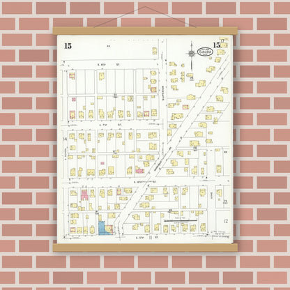 Old map wall art mockup — magnetic wood frame on brick wall — Sanborn Fire Insurance Map from Salem, Columbiana County, Ohio (1926), Sheet #0015