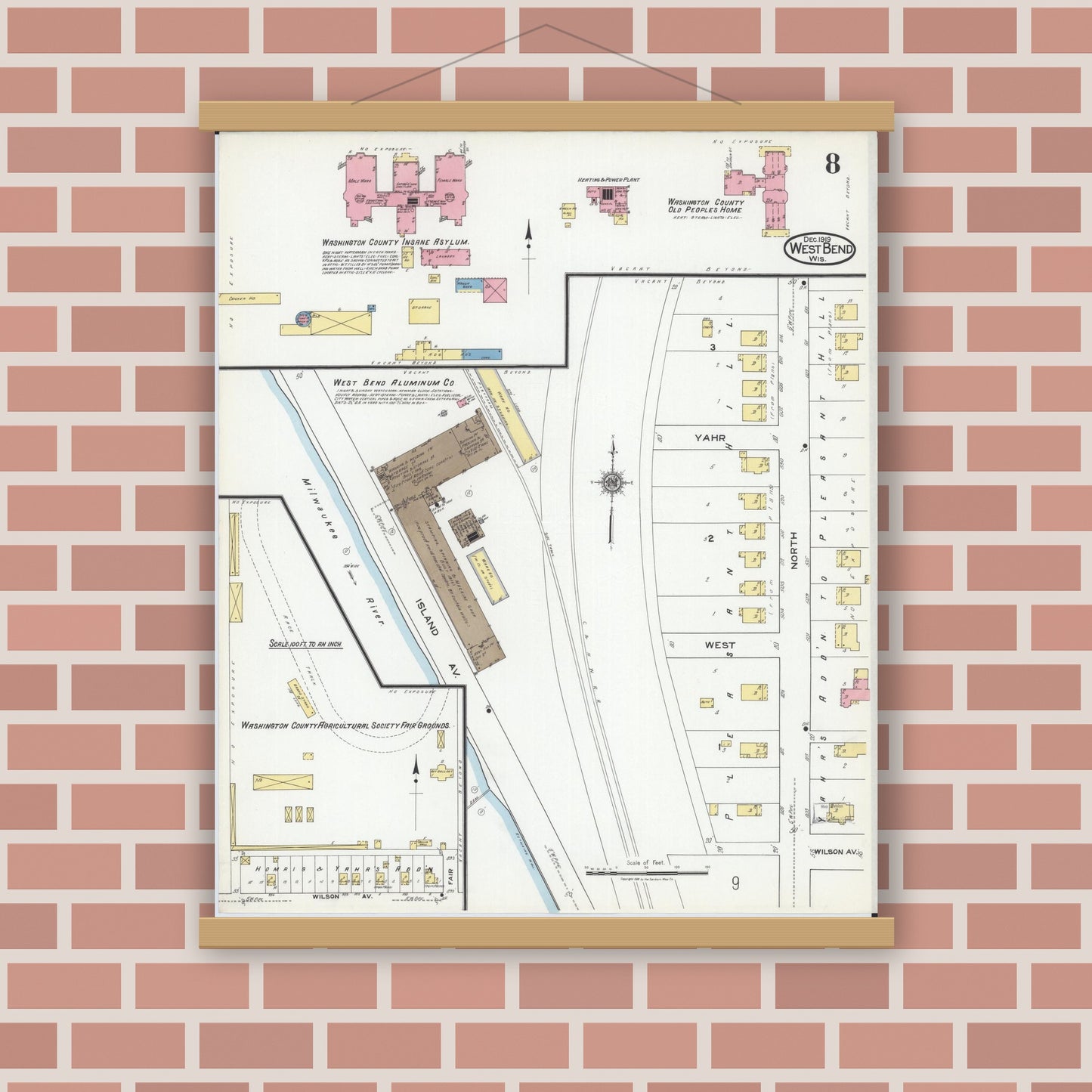 Old map wall art mockup — magnetic wood frame on brick wall — Sanborn Fire Insurance Map from West Bend, Washington County, Wisconsin (1919), Sheet #0008
