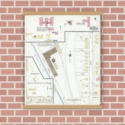 Old map wall art mockup — magnetic wood frame on brick wall — Sanborn Fire Insurance Map from West Bend, Washington County, Wisconsin (1919), Sheet #0008