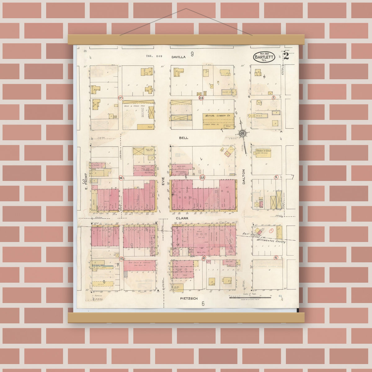 Old map wall art mockup — magnetic wood frame on brick wall — Sanborn Fire Insurance Map from Bartlett, Bell and Williamson Counties, Texas (1940), Sheet #0002