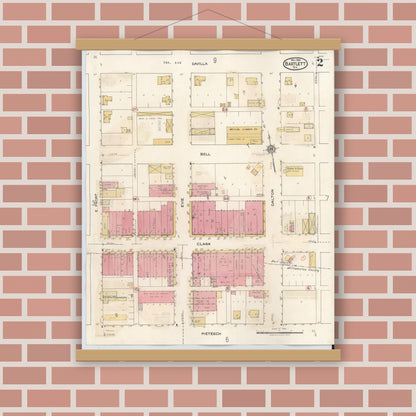 Old map wall art mockup — magnetic wood frame on brick wall — Sanborn Fire Insurance Map from Bartlett, Bell and Williamson Counties, Texas (1940), Sheet #0002