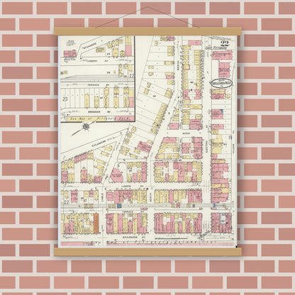 Old map wall art mockup — magnetic wood frame on brick wall — Sanborn Fire Insurance Map from Turtle Creek Valley, Allegheny County, Pennsylvania (1919), Sheet #0022