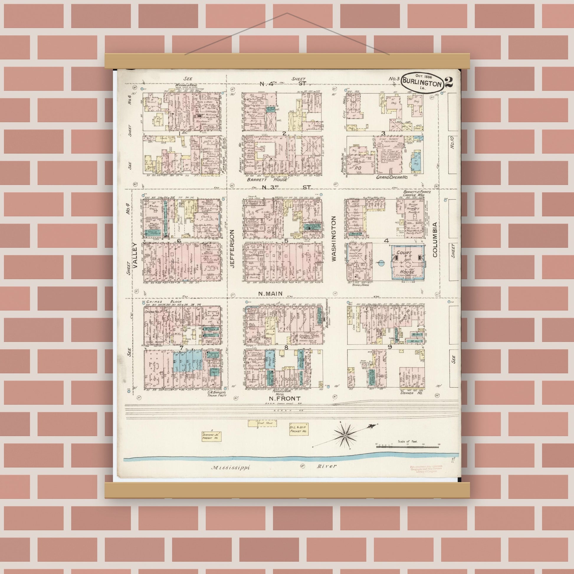 Old map wall art mockup — magnetic wood frame on brick wall — Sanborn Fire Insurance Map from Burlington, Des Moines County, Iowa (1888), Sheet #0002