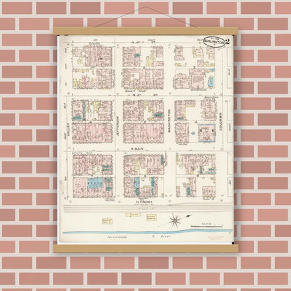 Old map wall art mockup — magnetic wood frame on brick wall — Sanborn Fire Insurance Map from Burlington, Des Moines County, Iowa (1888), Sheet #0002