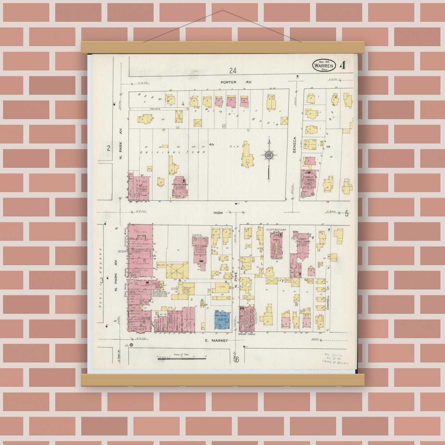 Old map wall art mockup — magnetic wood frame on brick wall — Sanborn Fire Insurance Map from Warren, Trumbull County, Ohio (1915), Sheet #0004