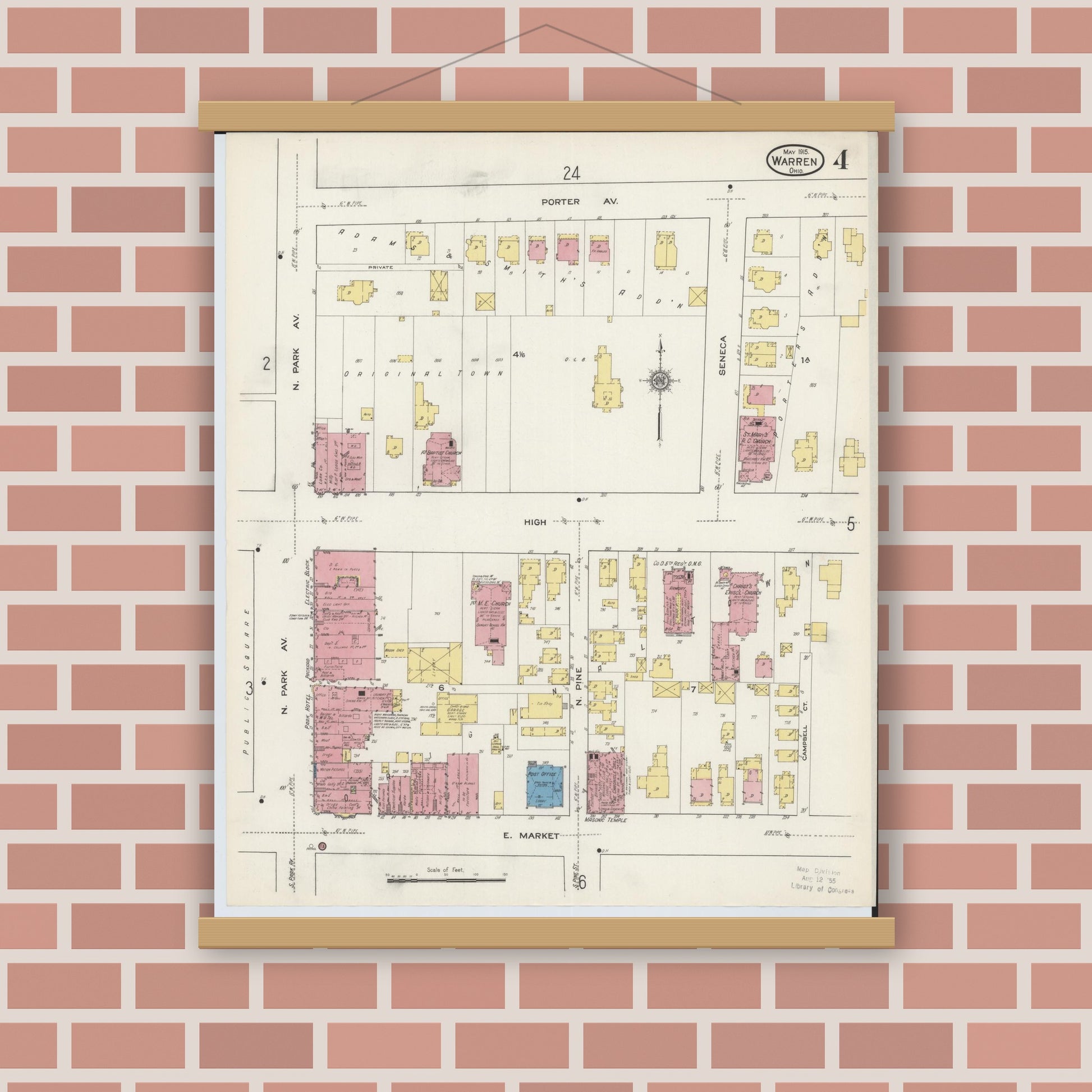 Old map wall art mockup — magnetic wood frame on brick wall — Sanborn Fire Insurance Map from Warren, Trumbull County, Ohio (1915), Sheet #0004