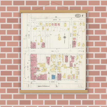 Old map wall art mockup — magnetic wood frame on brick wall — Sanborn Fire Insurance Map from Warren, Trumbull County, Ohio (1915), Sheet #0004