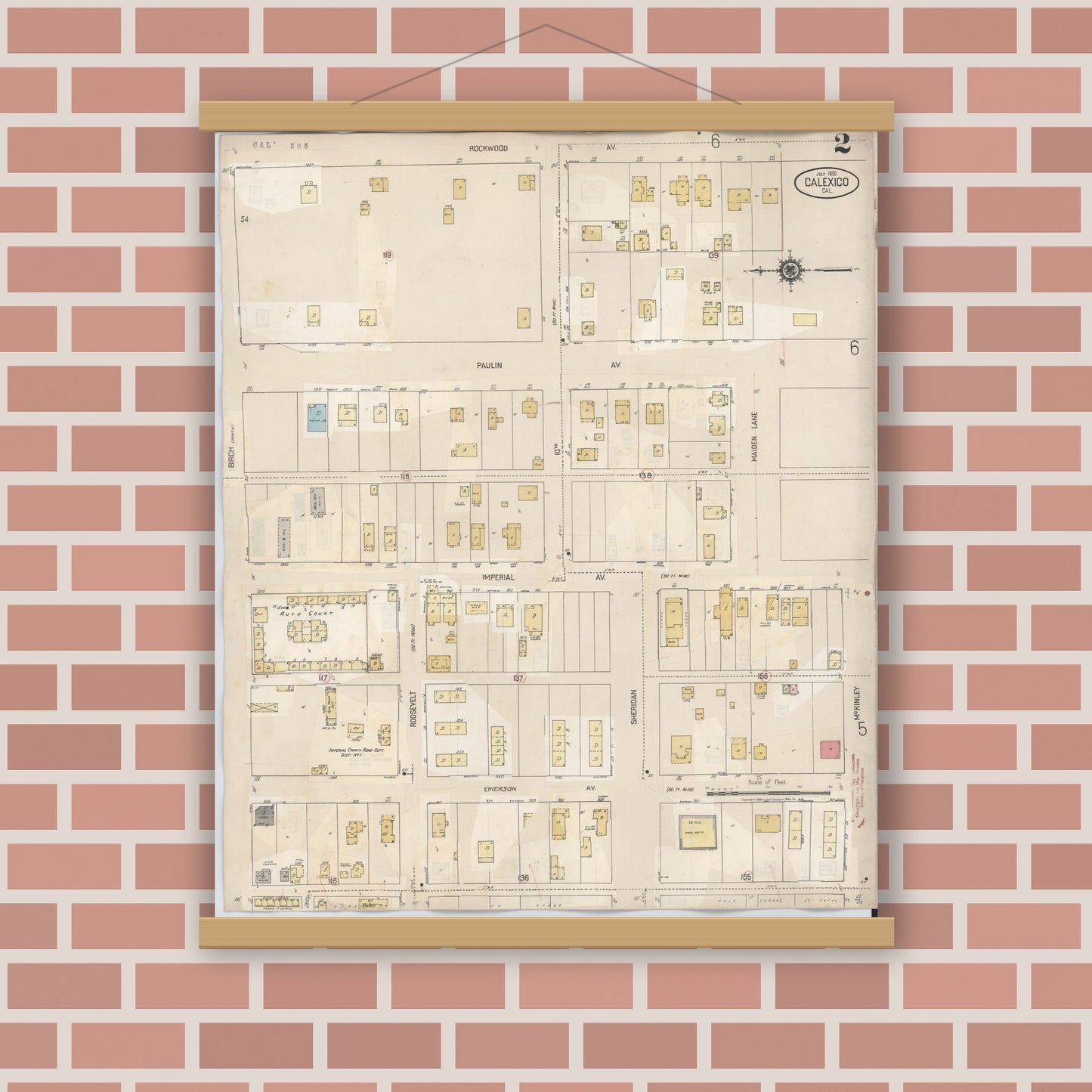 Old map wall art mockup — magnetic wood frame on brick wall — Sanborn Fire Insurance Map from Calexico, Imperial County, California (1949), Sheet #0002