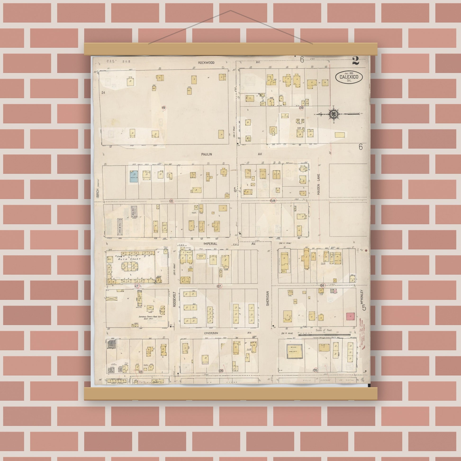 Old map wall art mockup — magnetic wood frame on brick wall — Sanborn Fire Insurance Map from Calexico, Imperial County, California (1949), Sheet #0002