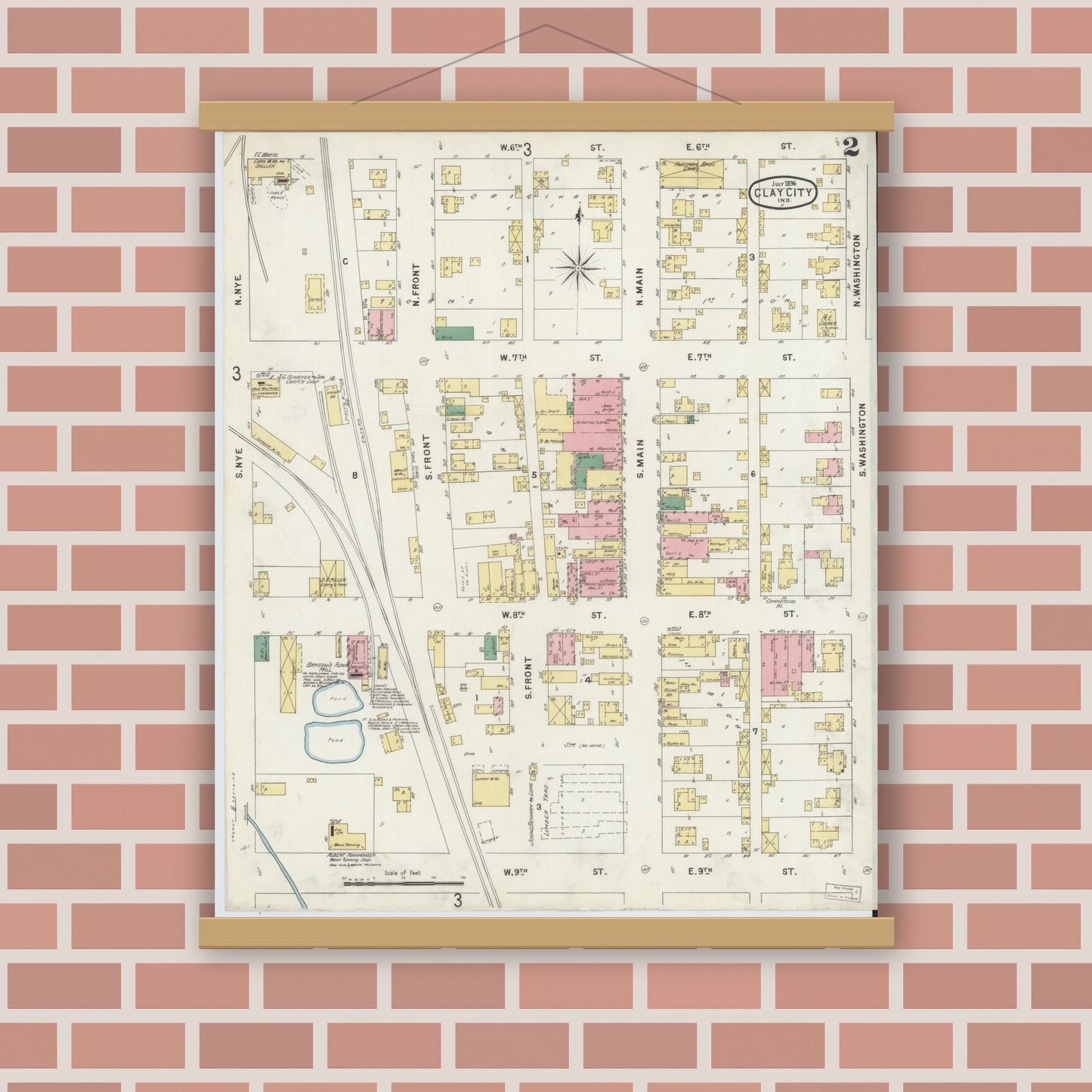 Old map wall art mockup — magnetic wood frame on brick wall — Sanborn Fire Insurance Map from Clay City, Clay County, Indiana (1896), Sheet #0002