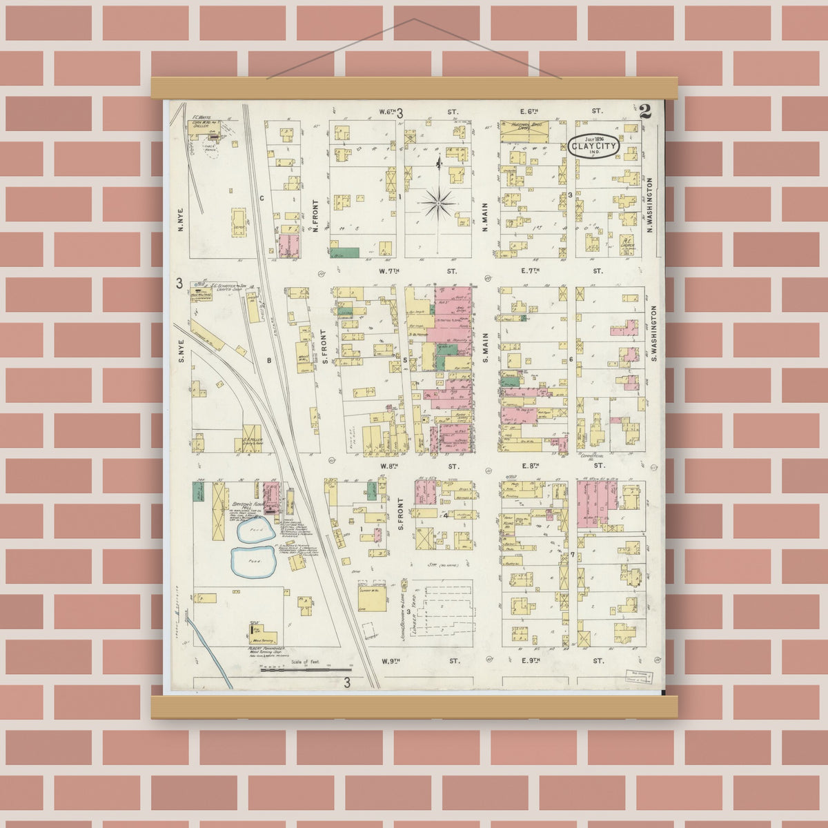 Old map wall art mockup — magnetic wood frame on brick wall — Sanborn Fire Insurance Map from Clay City, Clay County, Indiana (1896), Sheet #0002