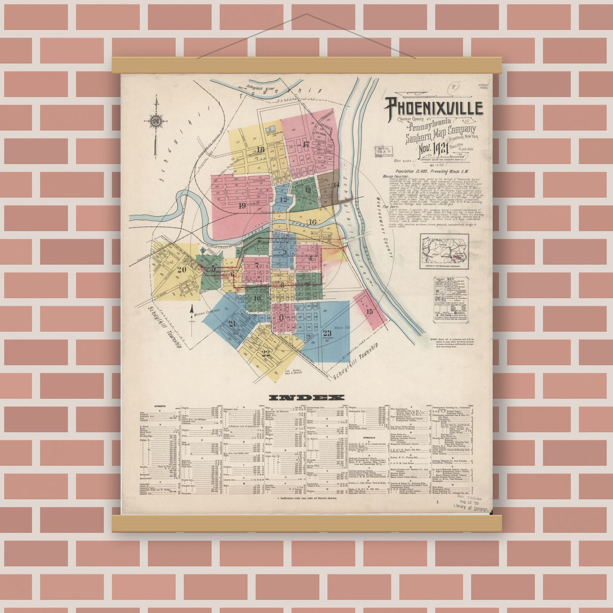 Old map wall art mockup — magnetic wood frame on brick wall — Sanborn Fire Insurance Map from Phoenixville, Chester County, Pennsylvania (1921) - Complete Map Set